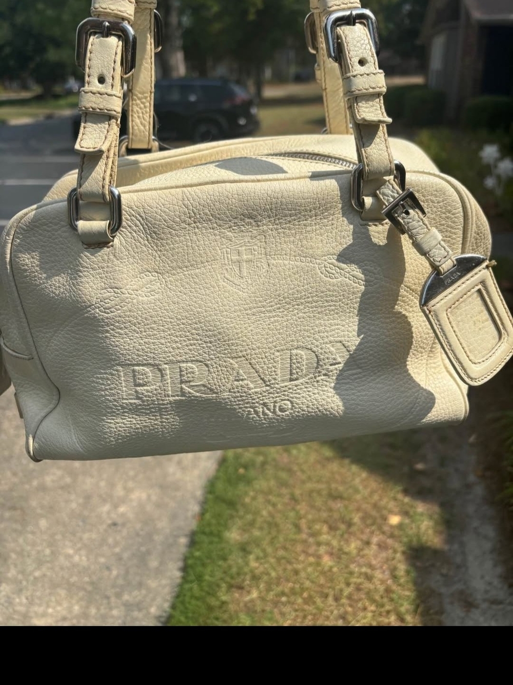Prada Cream Leather Double-Handle Shoulder Bag with Embossed Logo